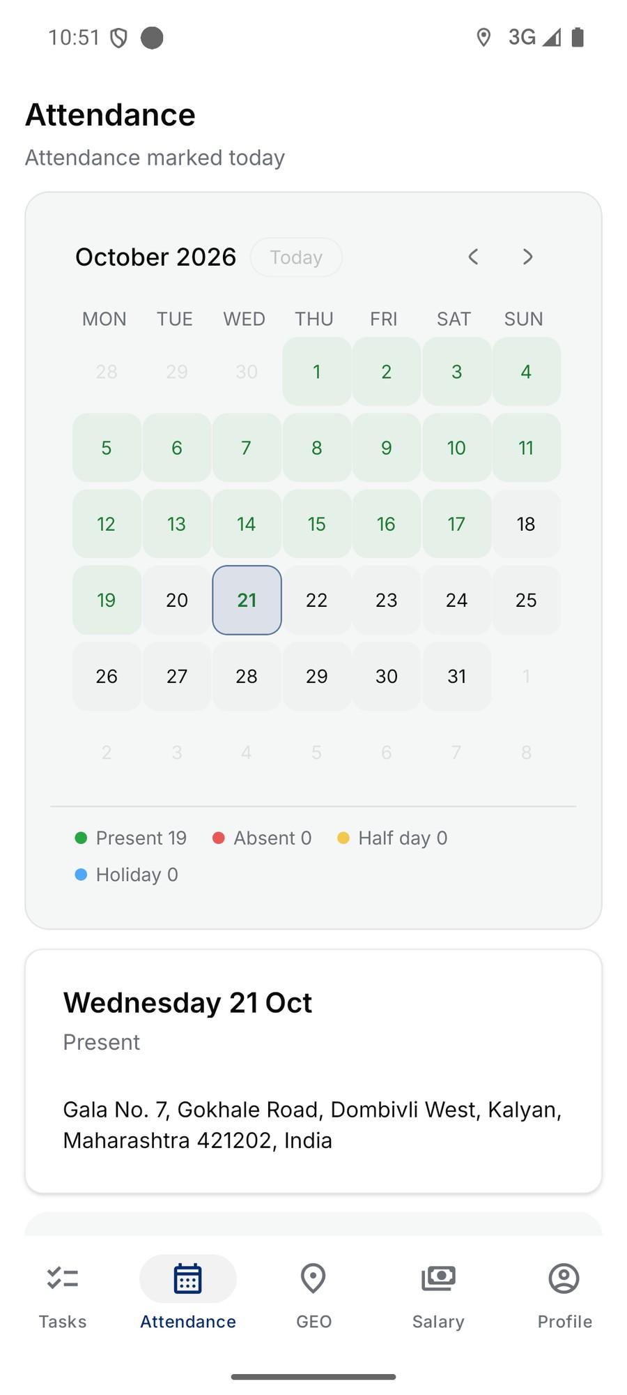 Attendance calendar with today marked present