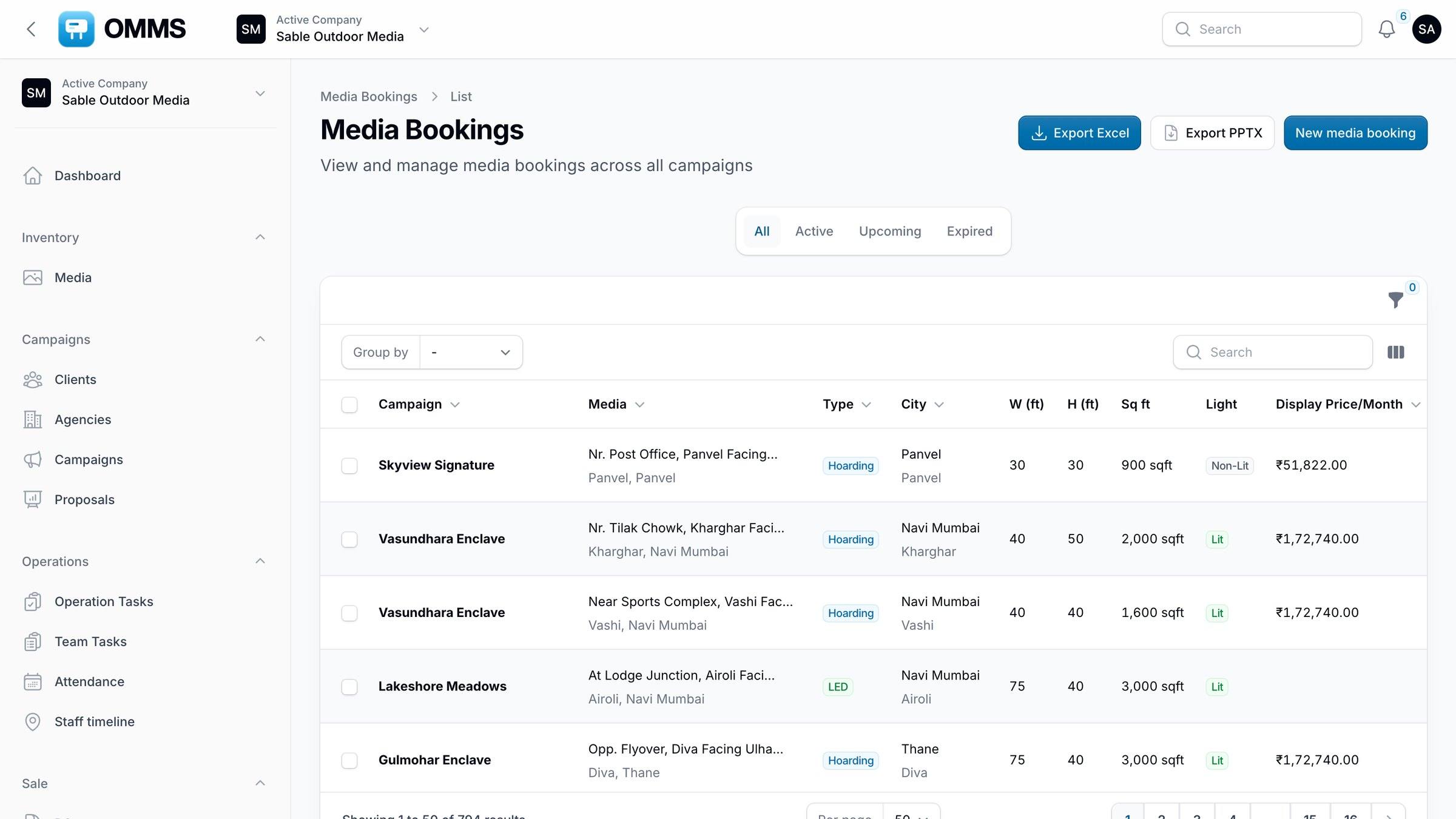 Media Bookings list across campaigns with size, city and price