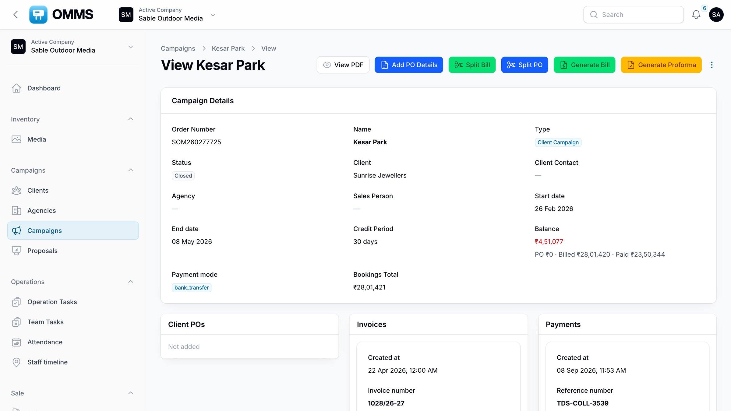 A campaign with details, client POs, invoices and payments together