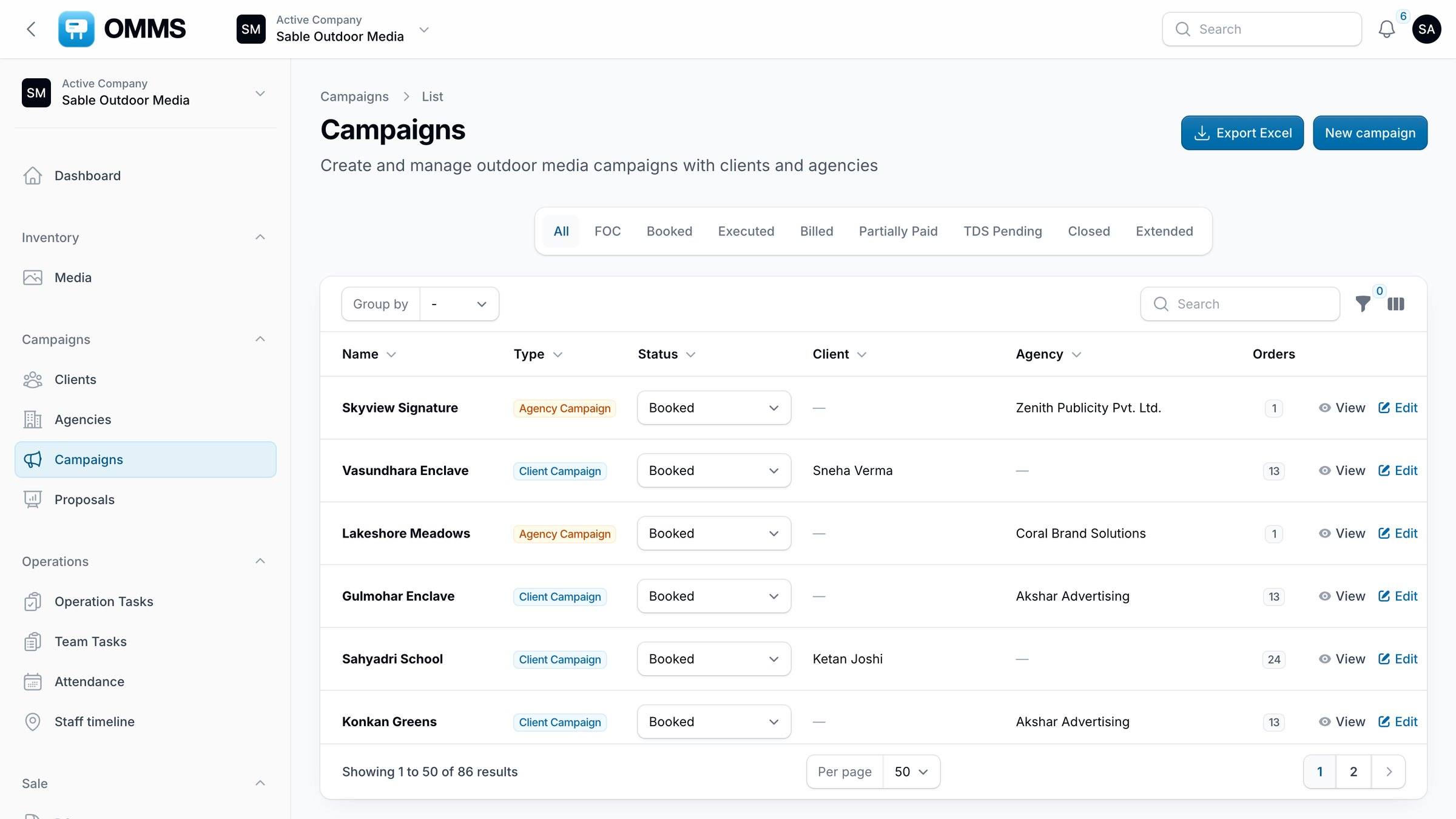 Campaigns list with status tabs from FOC to Extended