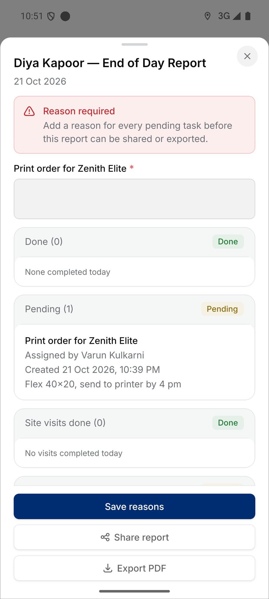 End-of-day report with done and pending items