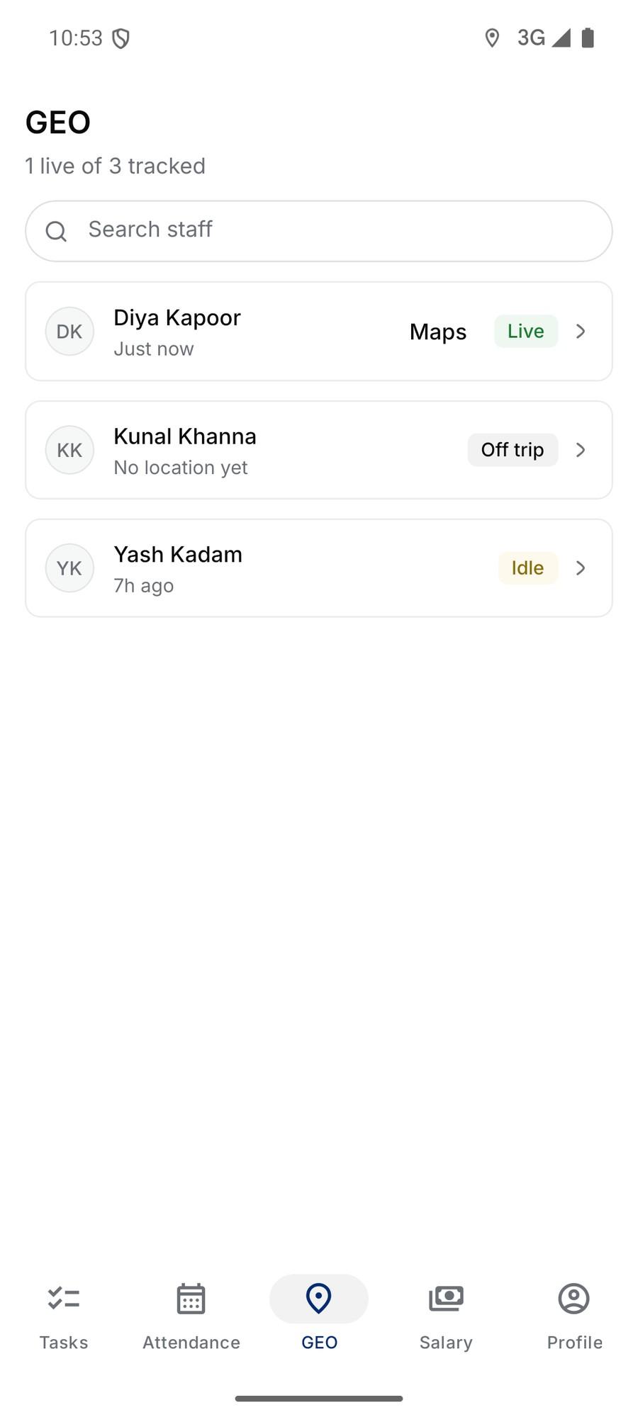 Staff list showing who is live, idle or off trip