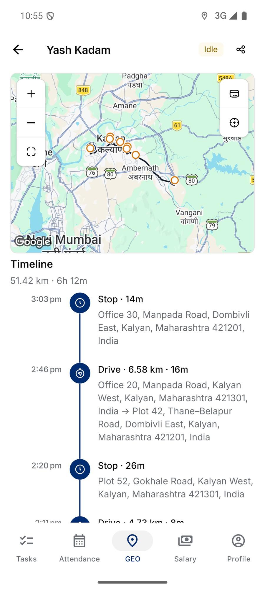 Timeline of drives and stops with addresses