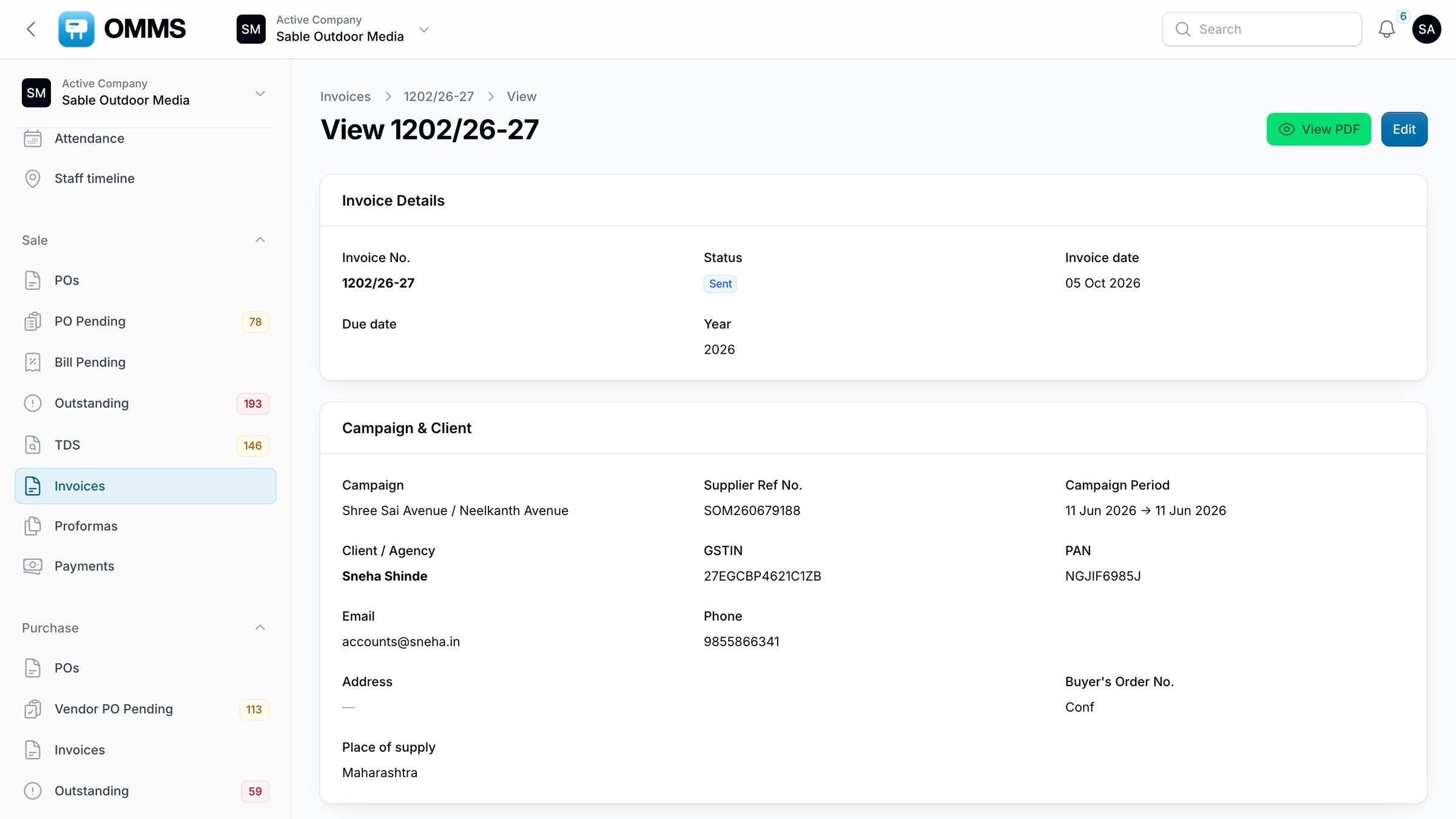 Invoice detail with campaign, client, GSTIN and place of supply