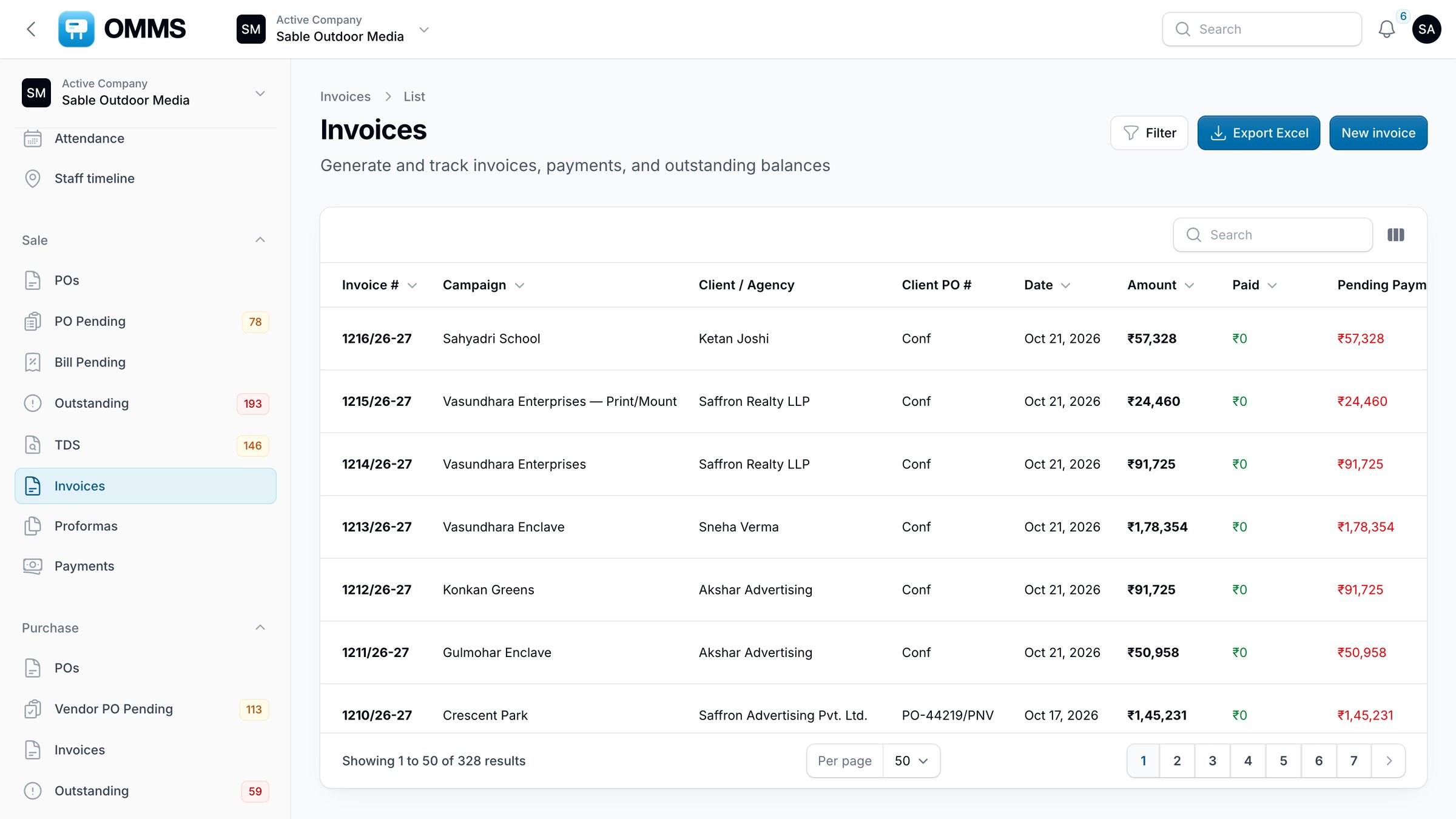 Invoices with campaign, client, PO, amount, paid and pending