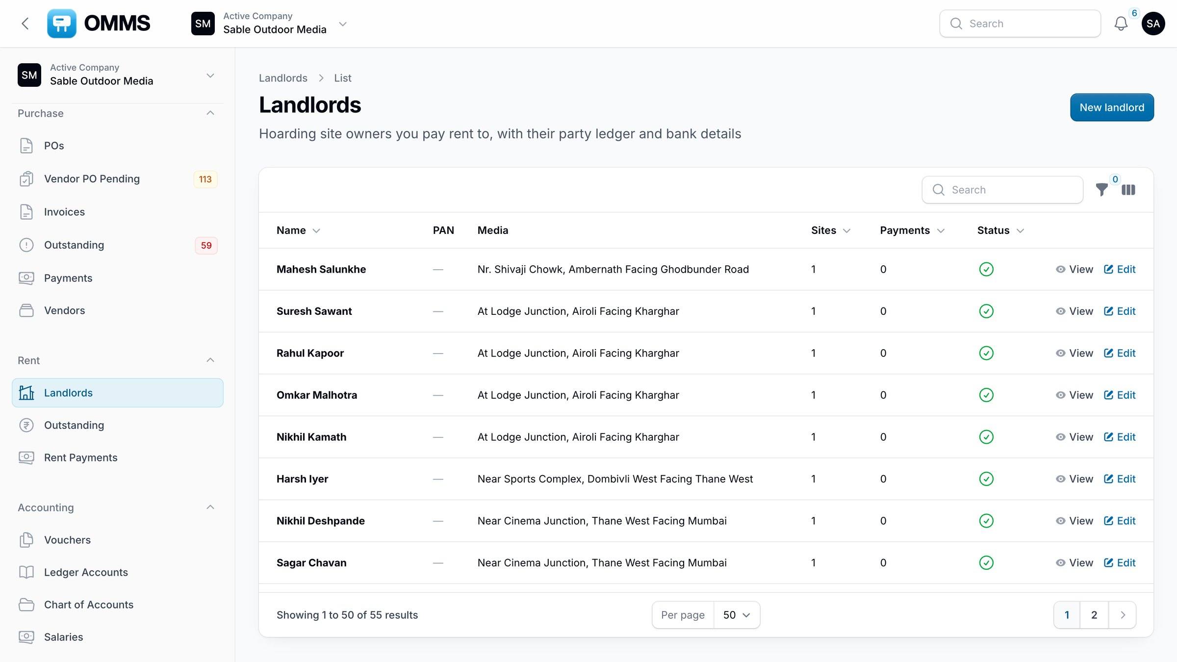 Landlords list with their sites, payments and status