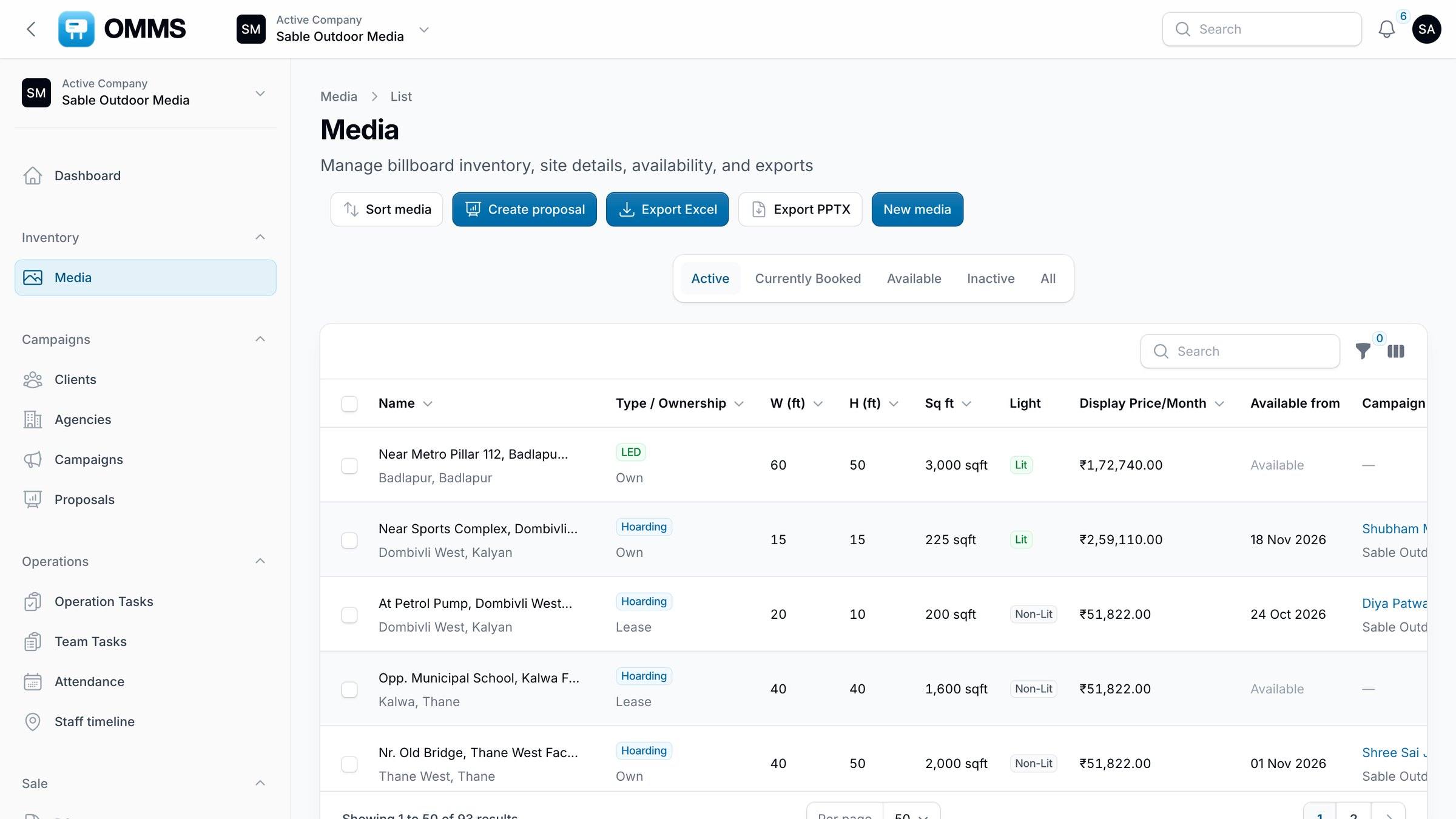 Media list of sites with type, ownership, size, lighting and monthly price