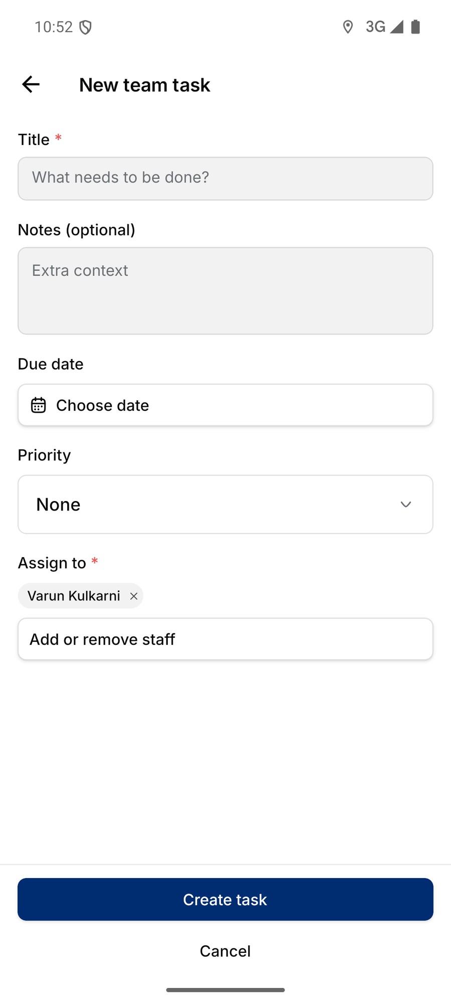 Form to create a team task