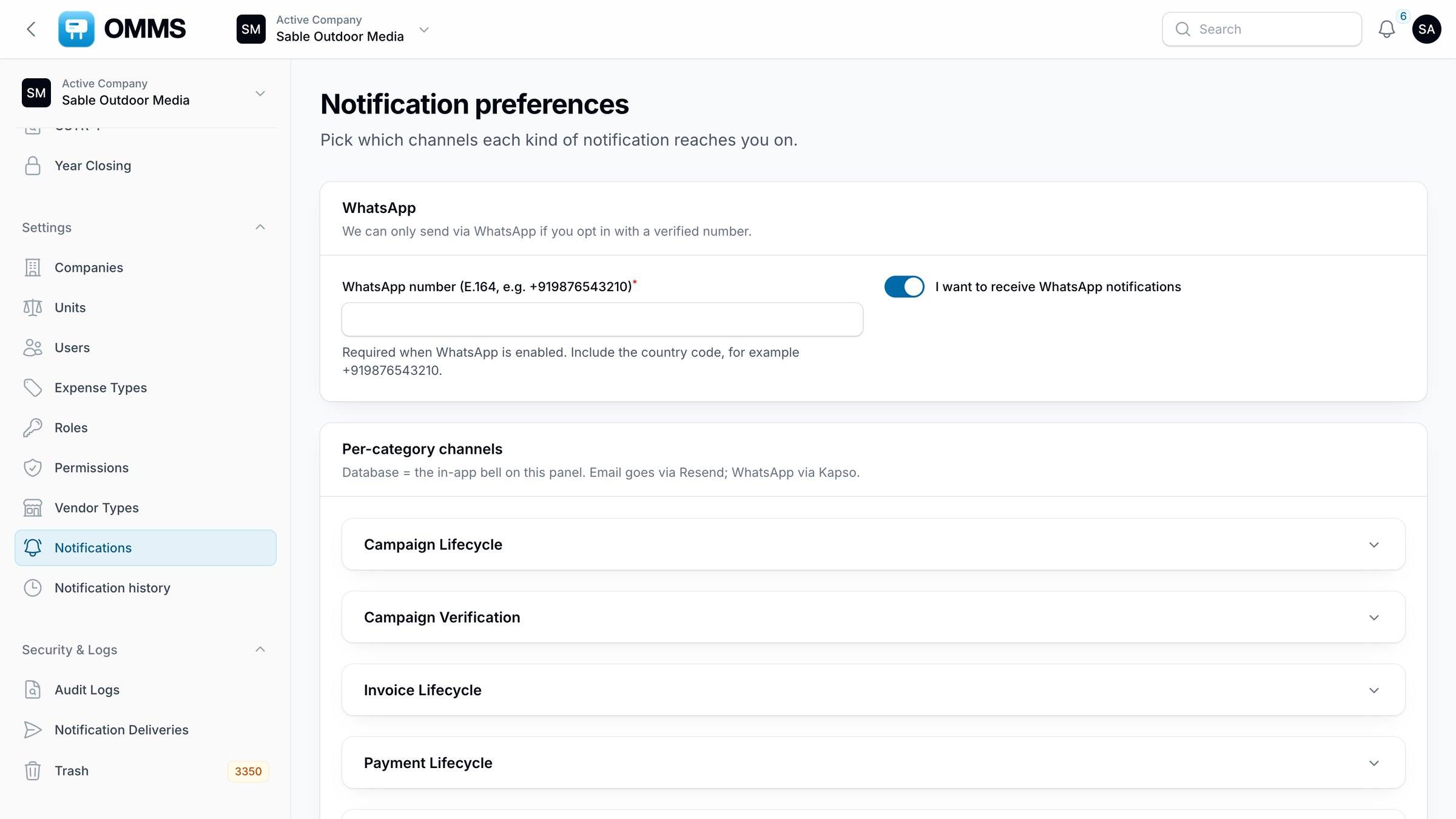 Notification preferences with WhatsApp and per-category channels