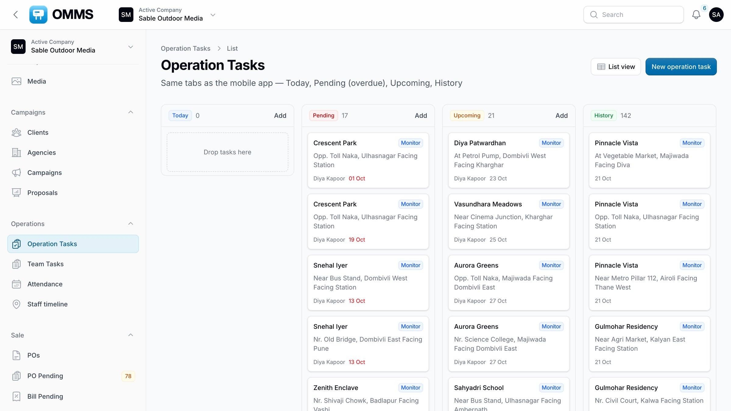 Operation Tasks board by Today, Pending, Upcoming and History