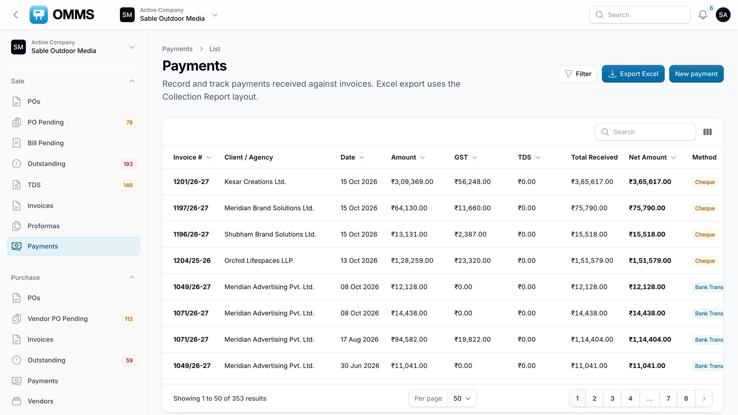 Payments list with GST, TDS, net amount and method