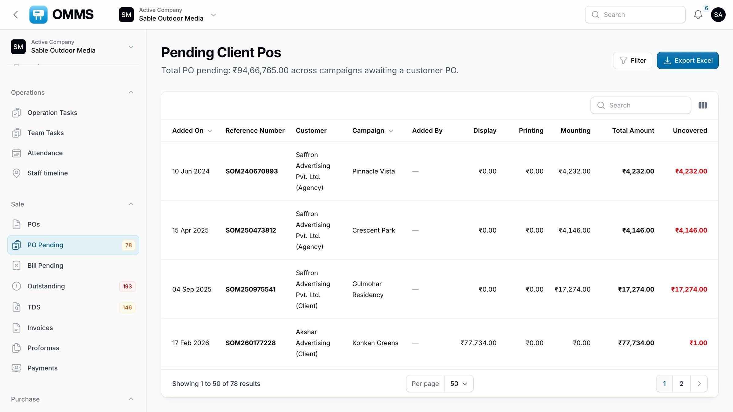 Pending client POs with display, printing and mounting value uncovered