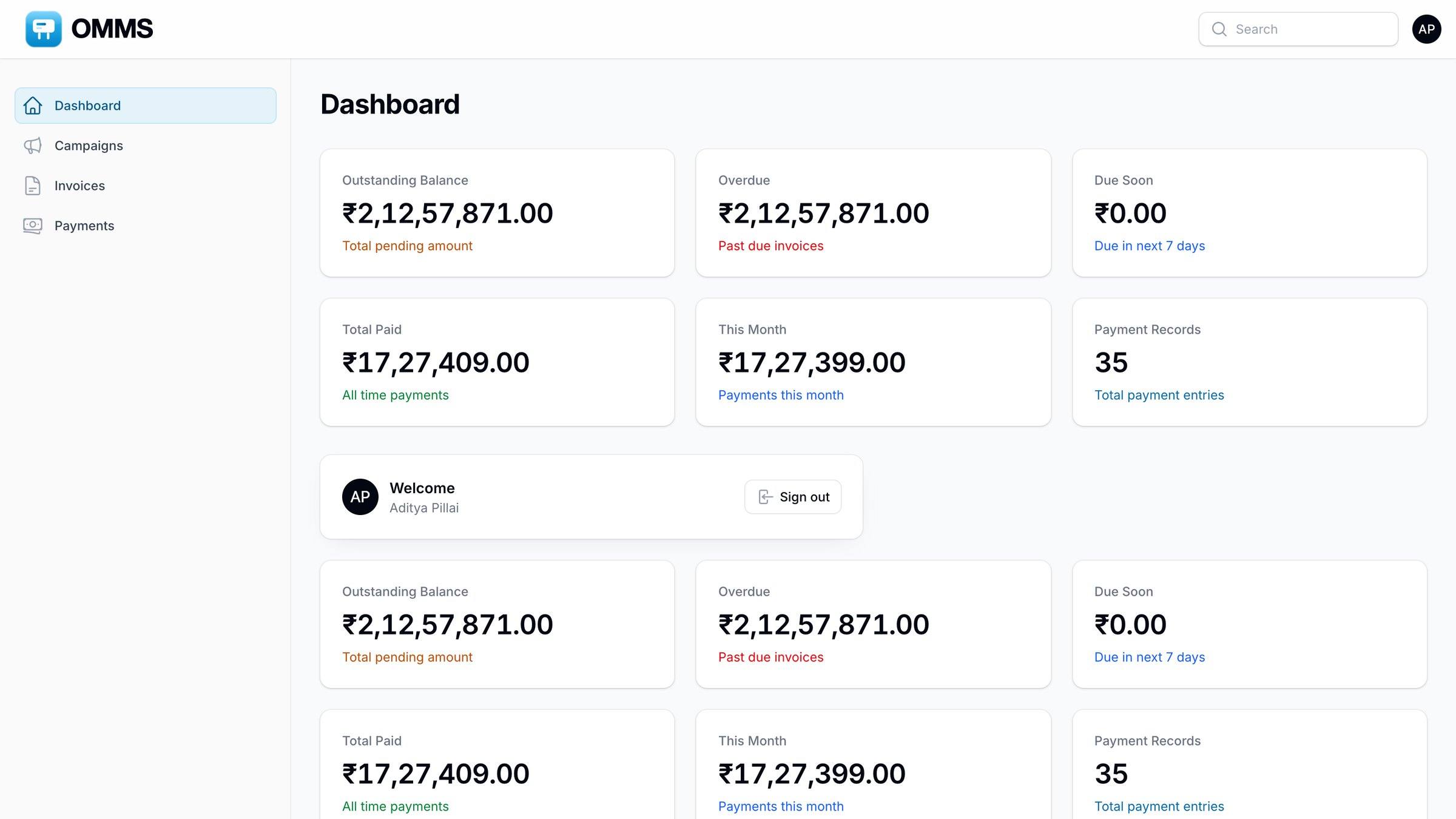 Client portal home with outstanding, overdue and paid totals