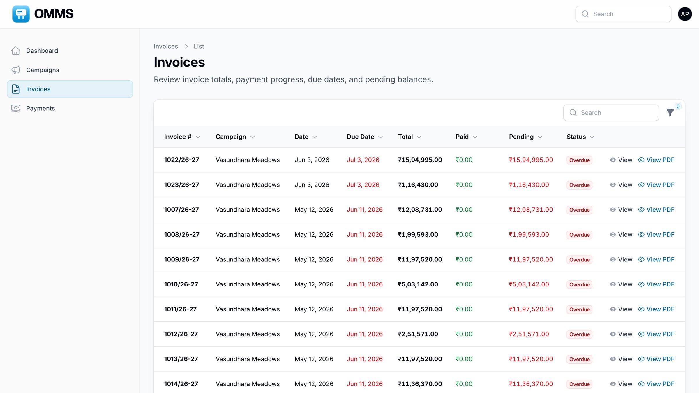 Client portal invoice list with due dates and PDF links