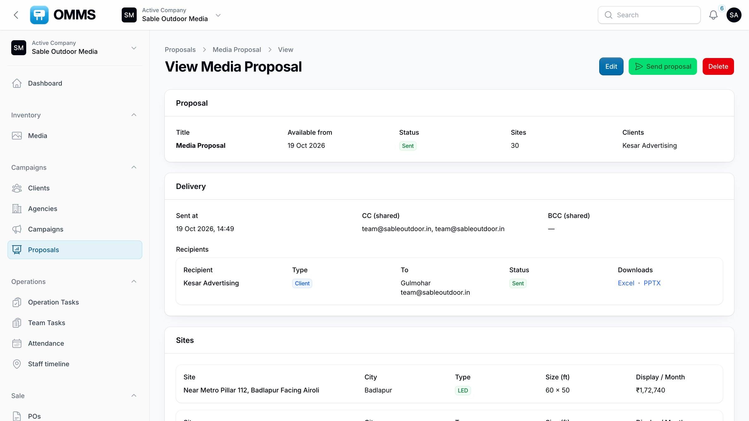 Proposal detail showing delivery, recipients, downloads and sites