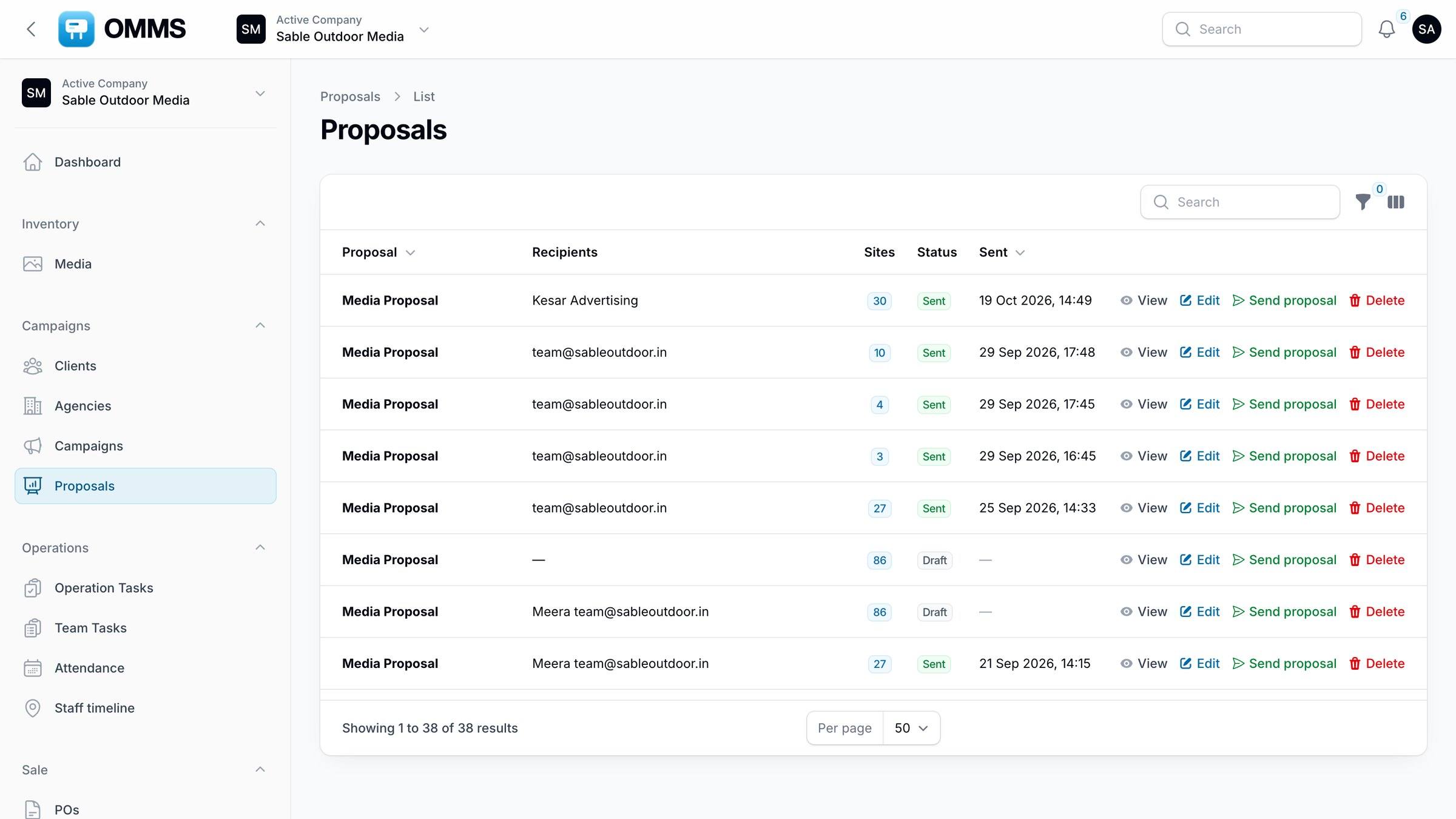 Proposals with recipients, number of sites, status and sent date
