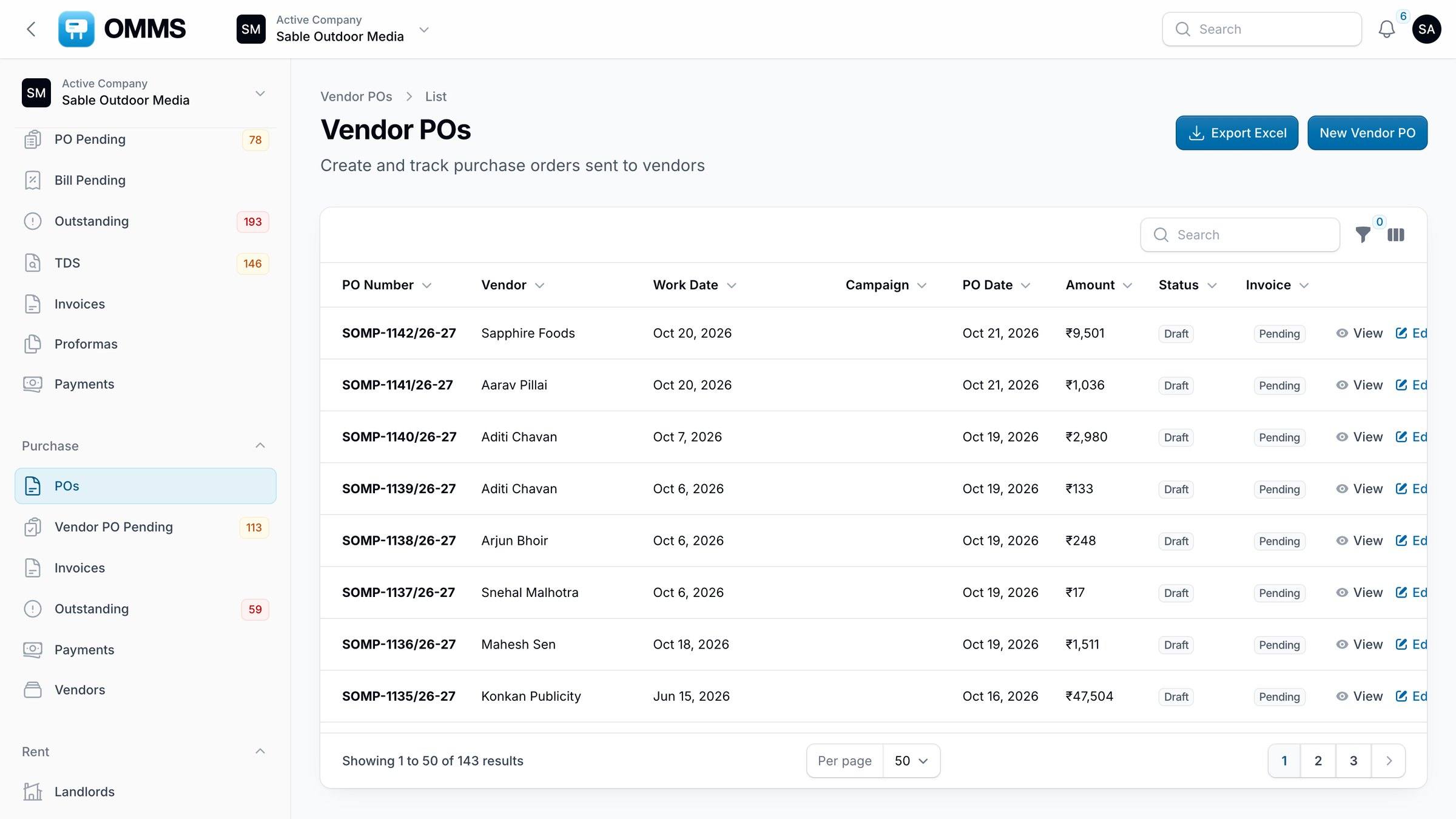 Vendor POs with vendor, work date, campaign and amount