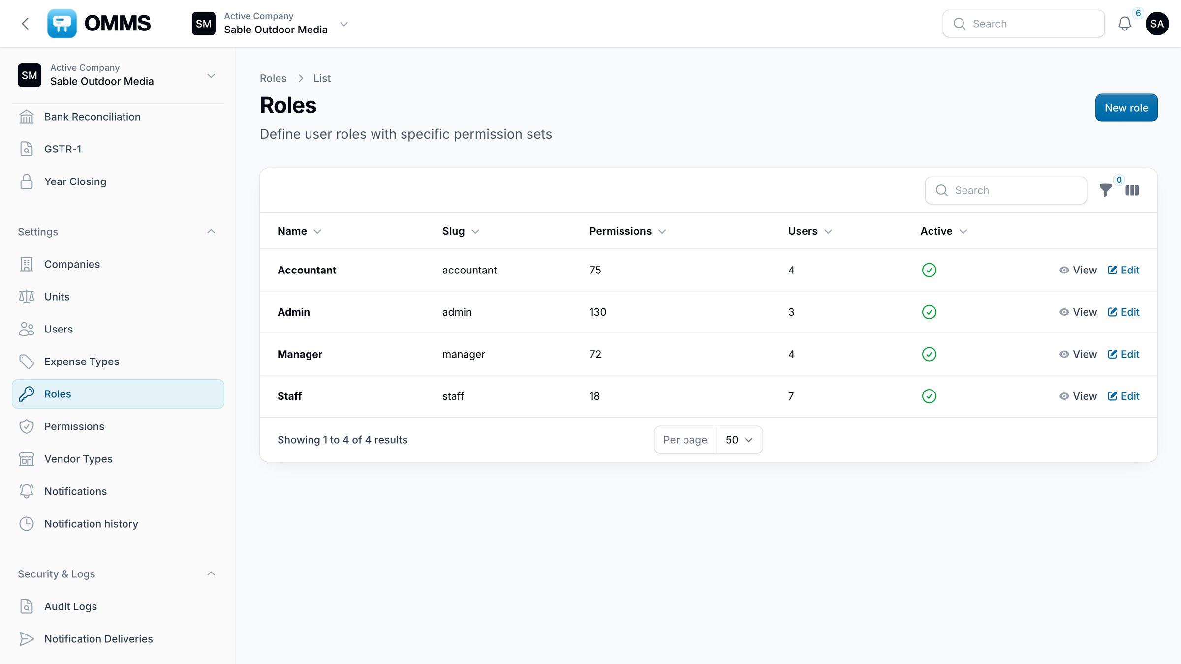 Roles list with permissions and user counts