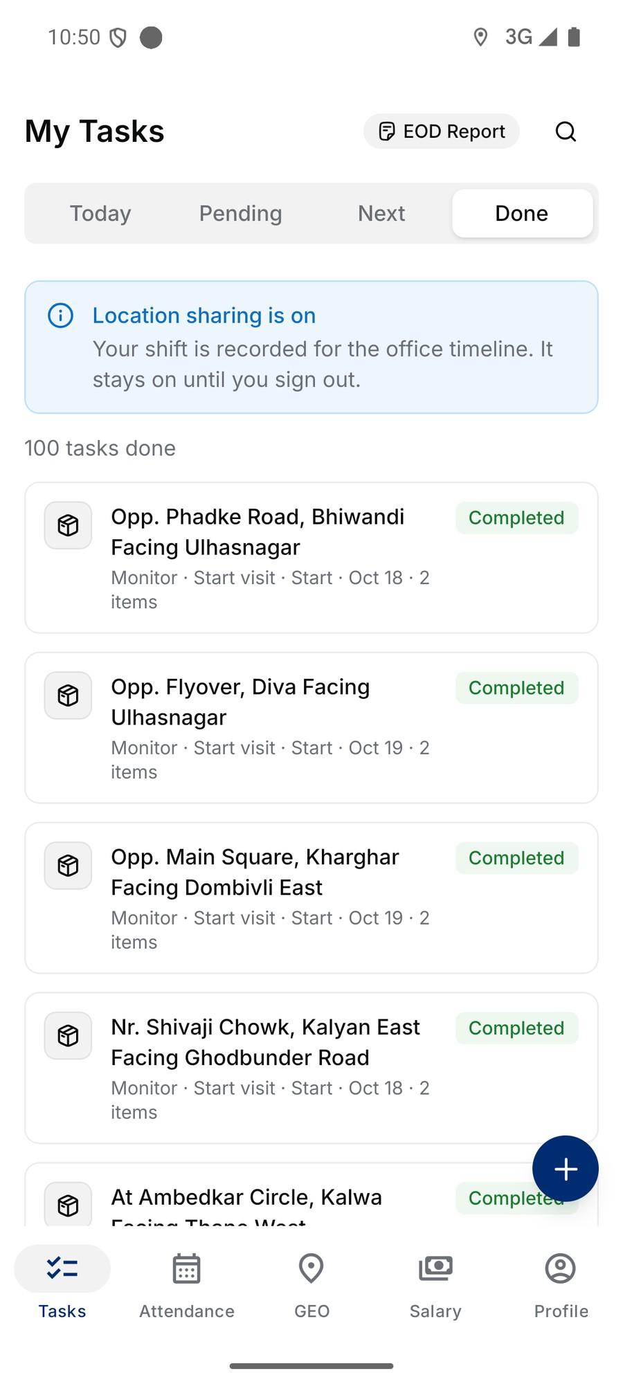Completed site visits