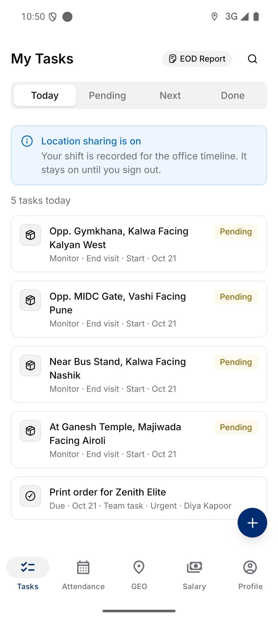 The field app’s Tasks screen with today’s site visits