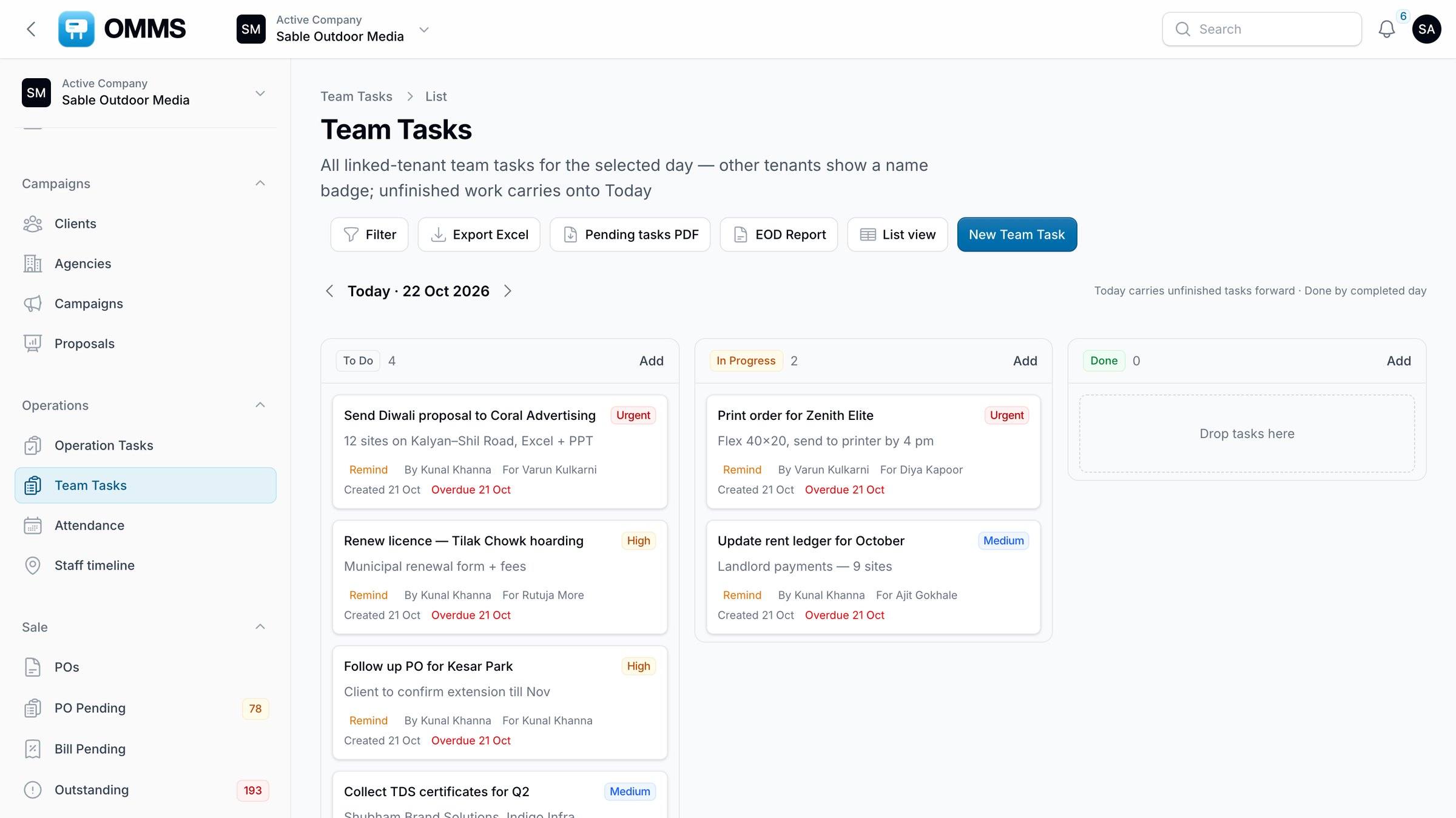 Team Tasks board with To do, In progress and Done
