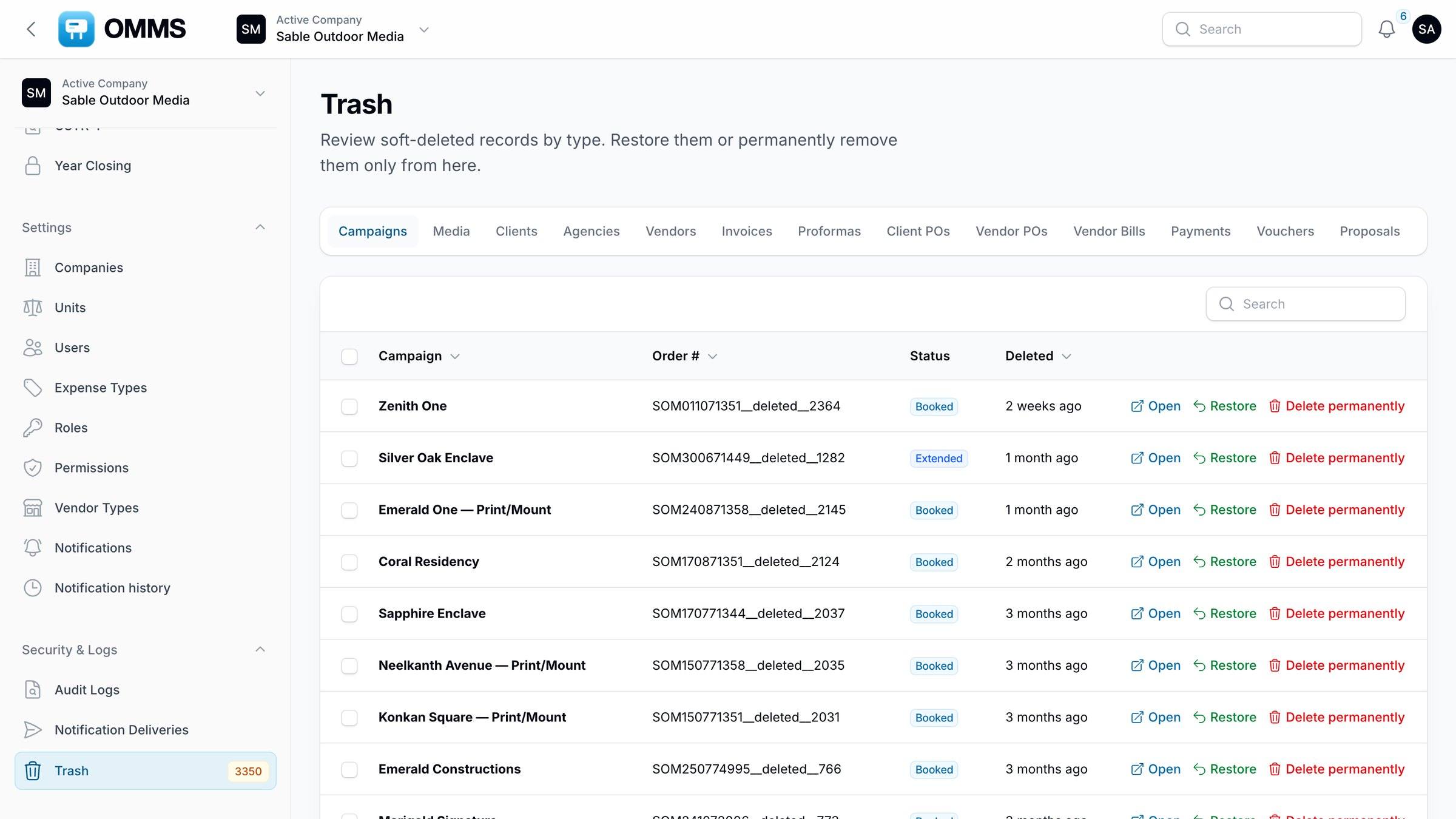 Trash with deleted campaigns, restore and delete permanently actions