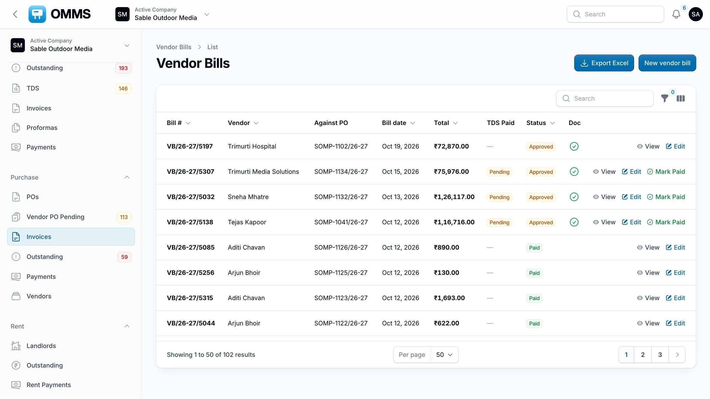 Vendor bills with vendor, PO, date, total and status