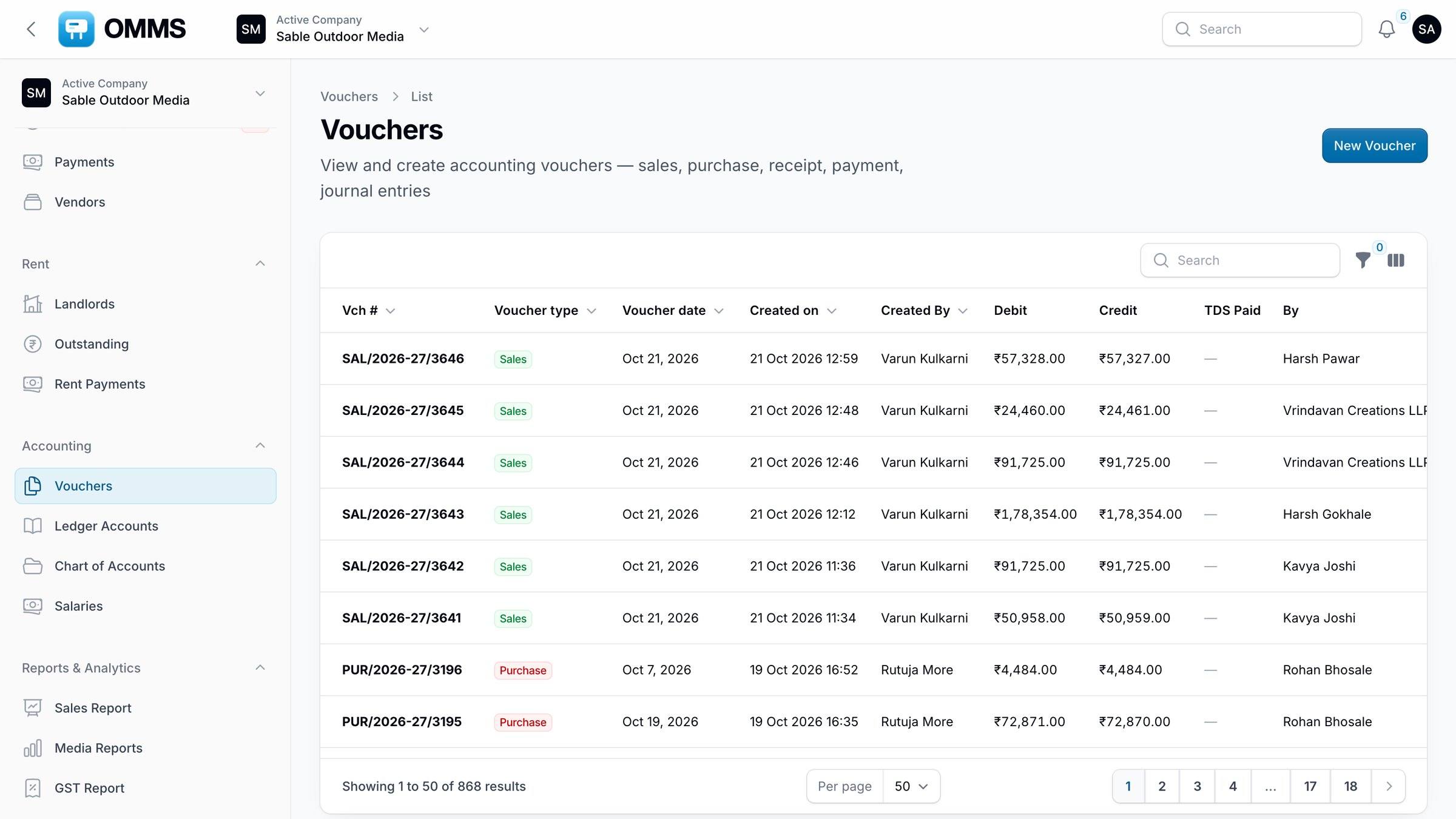 Vouchers list with type, date, debit and credit